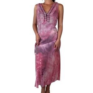 Antique 1940s Rayon Slip Dress Hand Dyed Pink Purple Ice Dye Lace Trim